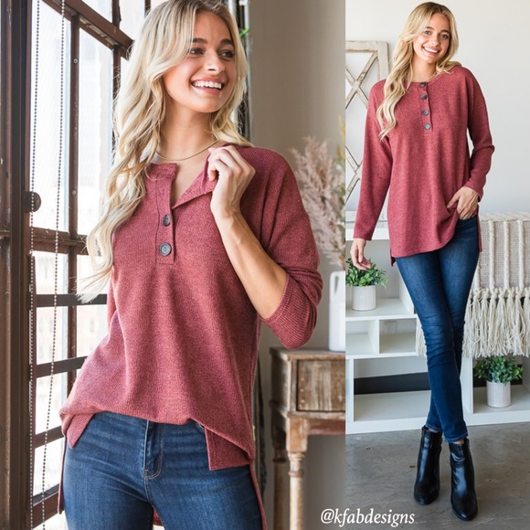 LAST 2! So Soft Henley Style Top with Side Slit Detail! - Picture 4 of 8